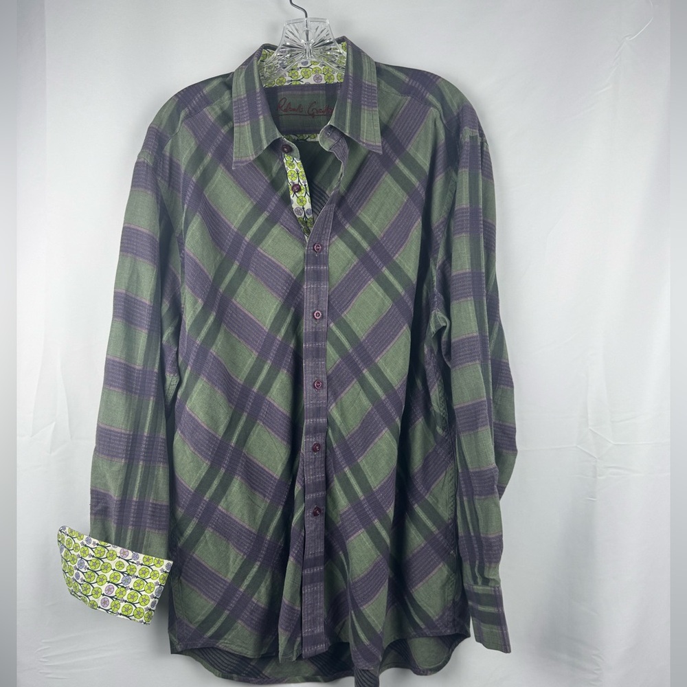 Robert Graham Green Purple Plaid Shirt Flip Cuffs Men’s Size XL